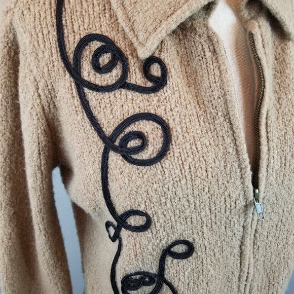 White + Warren Women's M Vintage Style Coffee w/ Swirls Wool Sweater w/ Zip - Picture 3 of 7